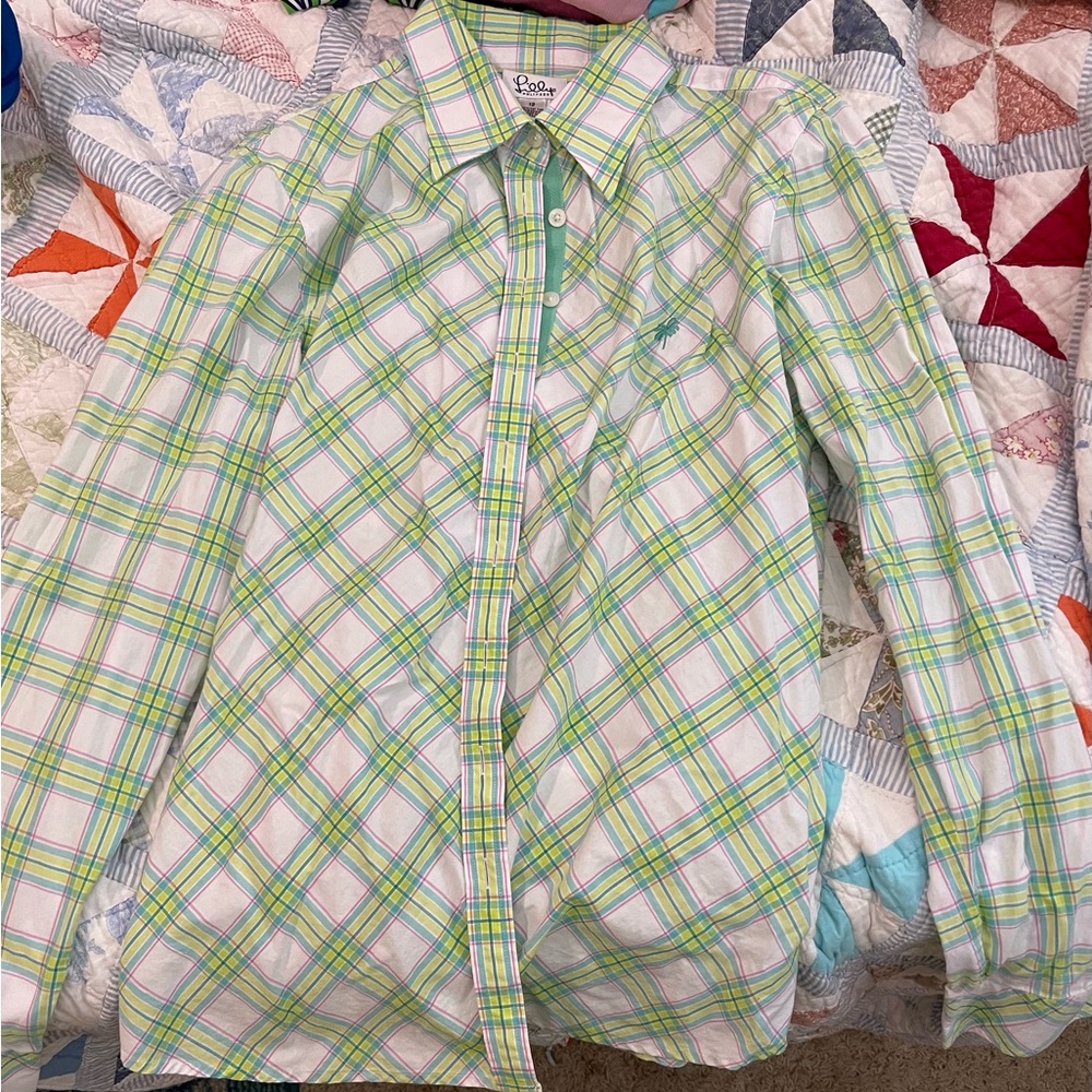 Lilly Pulitzer White Label Long Sleeve Button Up Plaid Blouse Size 12